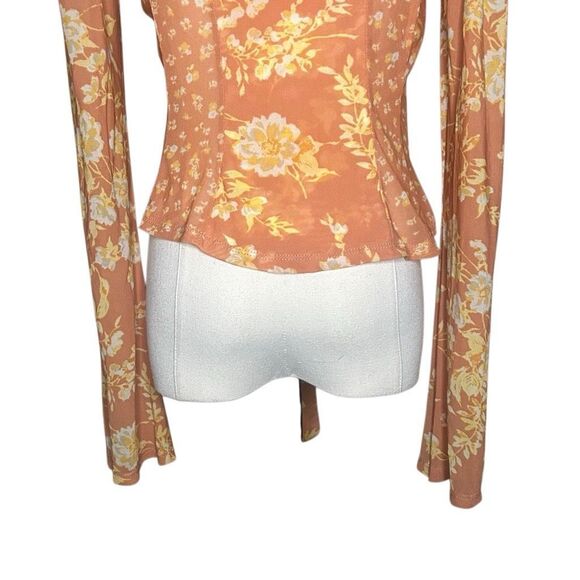 Free People Orange Long Sleeve Sheer Button Up Top Size XS Floral V-neck - Picture 7 of 12